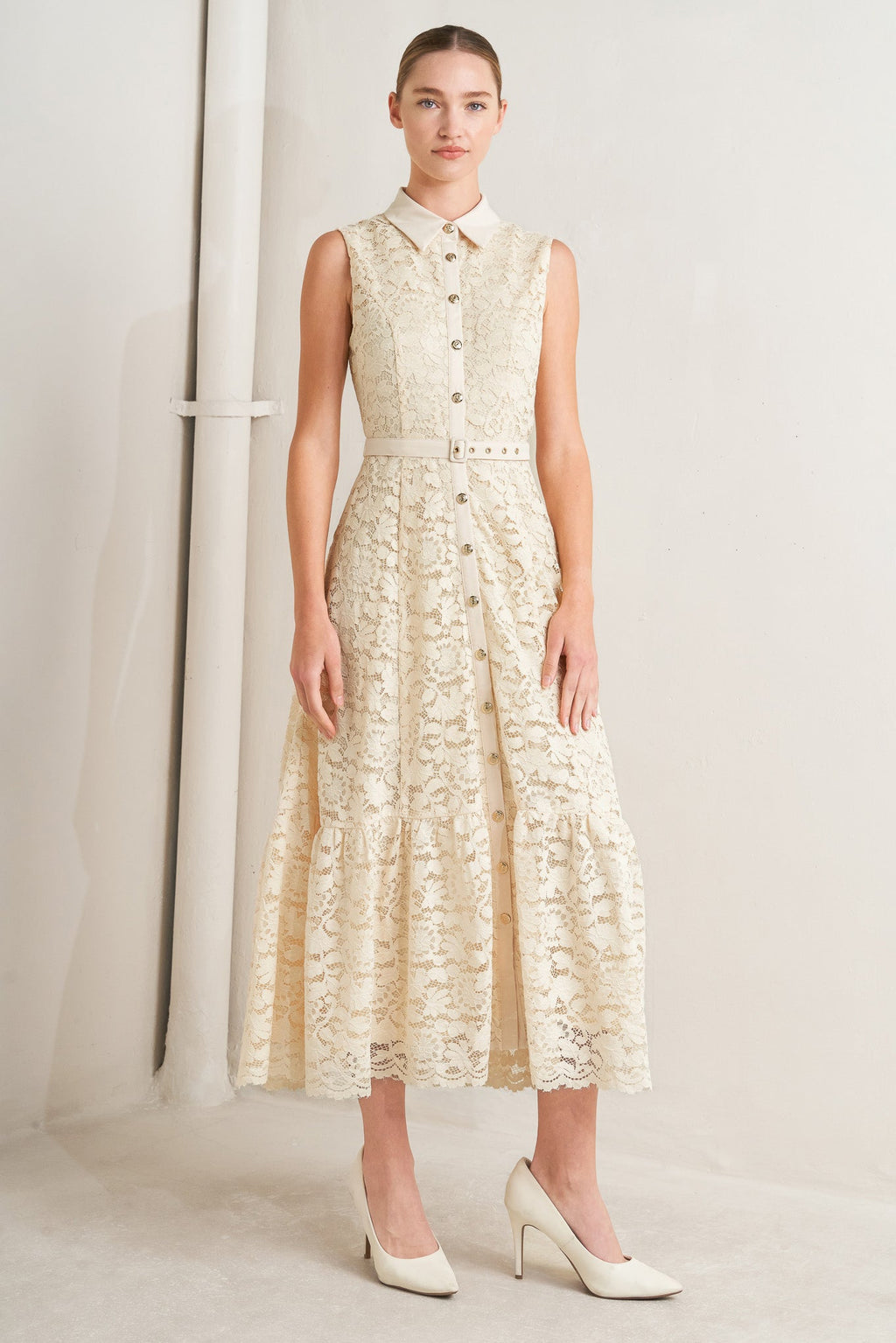 PURELY ROMANTIC WOVEN LACE MIDI DRESS